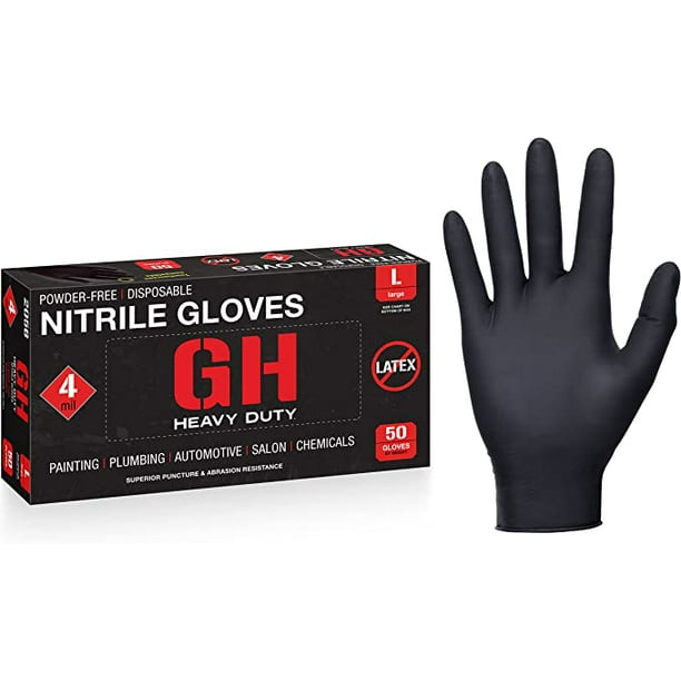 GH Heavy Duty Black Nitrile Gloves, 4 mil Thickness Disposable Gloves, Latex & Powder Free