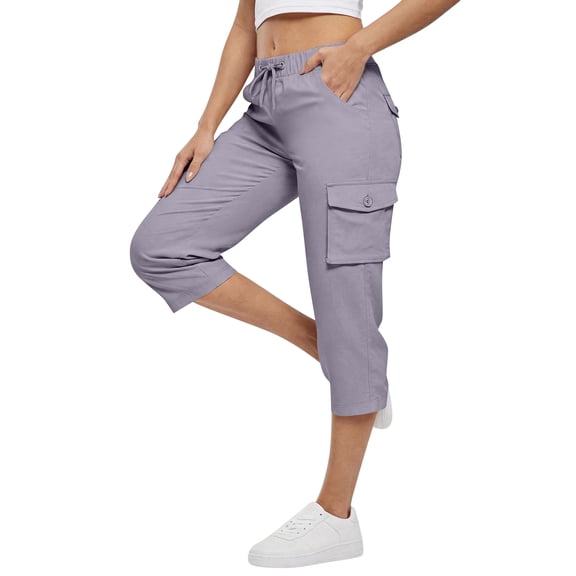 HKYNLAG Womens Capris with Pockets Petite Pull On Casual Cargo Pants Dressy Lightweight Ladies Baggy Cropped Pants for Hiking Light Purple M