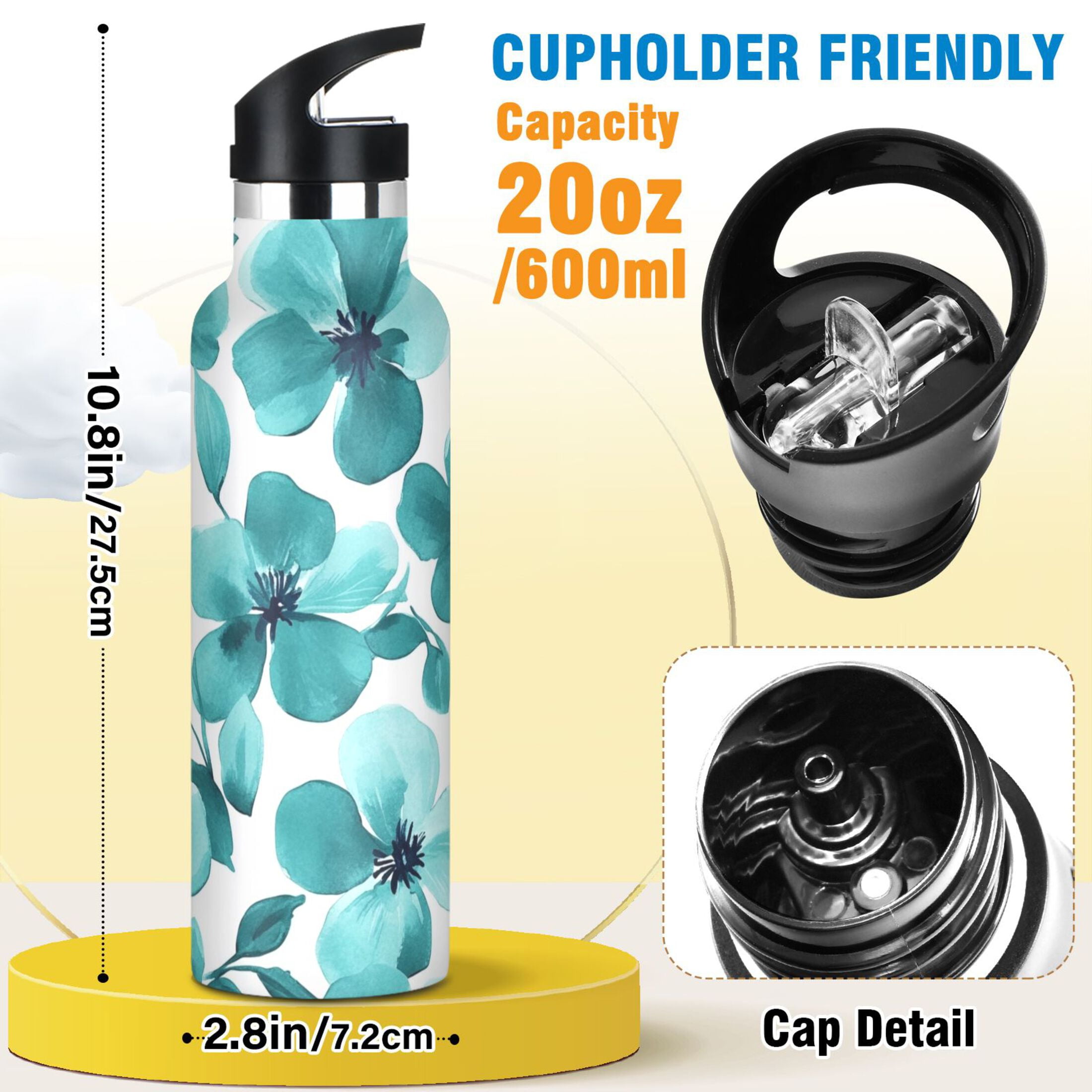 600ML Stainless Steel Insulated Cup Sports Water Bottle Portable Thermos Cup Water Glasses Insulated Tumblers Convenient and Durable Green Flowers