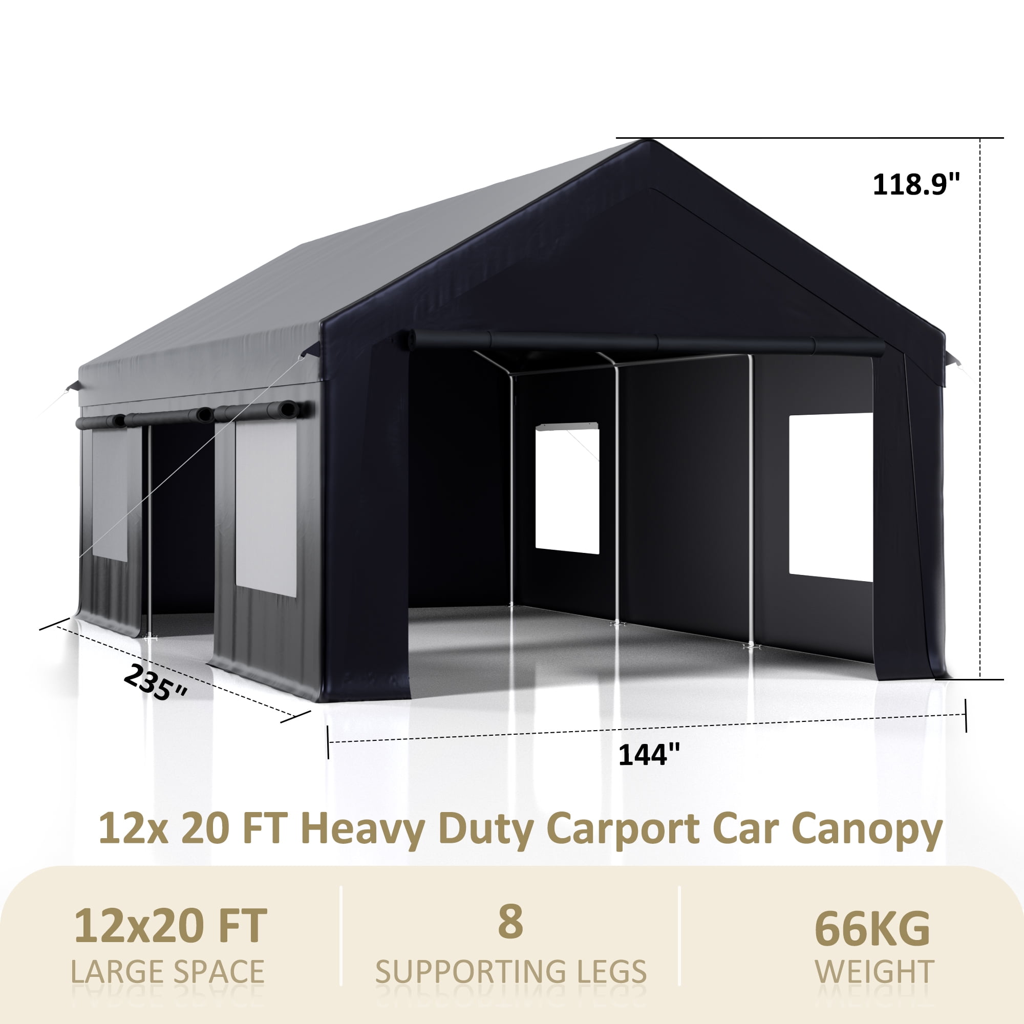 NETAJE 12'x20' Heavy Duty Portable Outdoor Garage Carport with Side-Opening Door, Roll-up Windows, Four-Hole Base for Car, Black