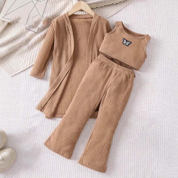 LvhaoGJOB Toddler Girls Cardigan and Pants Outfit Set, Khaki - ribbed knit, embroidered butterfly