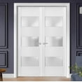 thumbnail image 3 of Solid French Double Doors Frosted Glass 3 Lites | Lucia 4070 White Silk | Wood Solid Panel Frame Trims | Closet Bedroom Sturdy Doors -48" x 80" (2* 24x80), 3 of 6