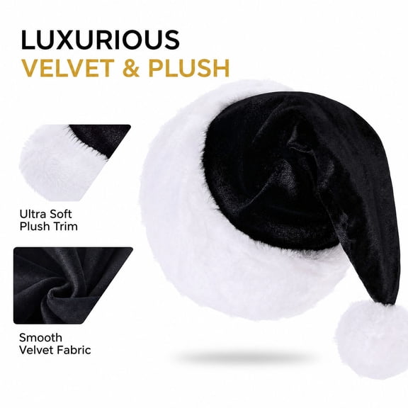 Black Santa Hat for Adults, Velvet Christmas Hat With White Plush Trim and Pom Pom, Unisex Xmas Holiday Party Headwear Photo Booth Prop