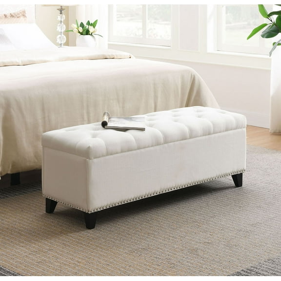 S-HOME 47.5" Button-Tufted Storage Bench in Linen with Safety Close Hinge, Perfect Ottoman for Hallway and Foot Rest