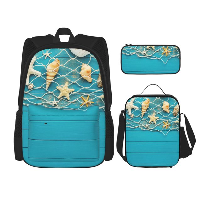 Easygdp Seashells And Fishing Net On Blue Wooden Table Mochila para Niños y Niñas con Set de Caja de Almuerzo y Estuche para Lápices 3 en 1, Mochila Escolar Estampada para Adolescentes