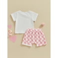 thumbnail image 4 of Suealasg Toddler Baby Girls 2Pcs Outfit Short Sleeve Letter Print Tops + Elastic Waist Checkerboard Shorts Sets Newborn Girls Summer Clothes 3-6 Months, 4 of 9