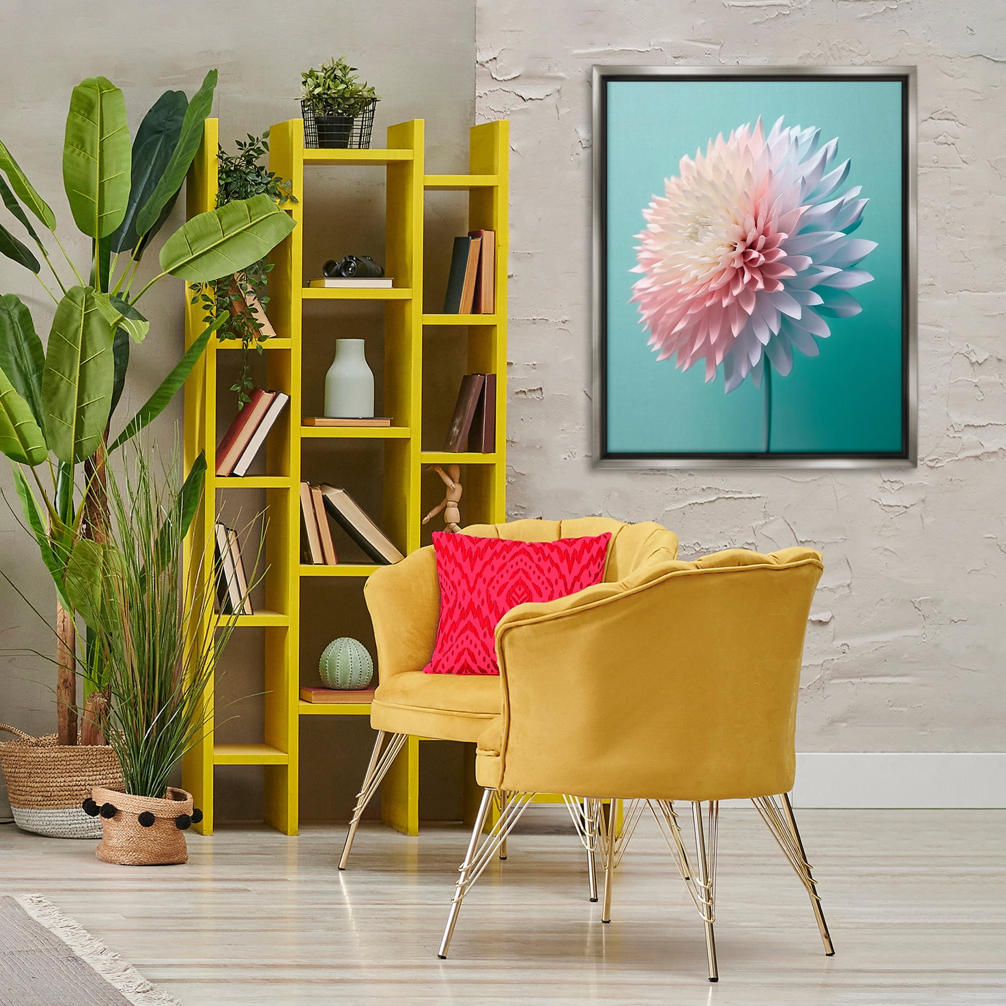 Stupell Industries Detailed Dahlia on Blue Plants & Flowers Photography Gray Floater Framed Canvas Art Print Wall Art, 25 x 31