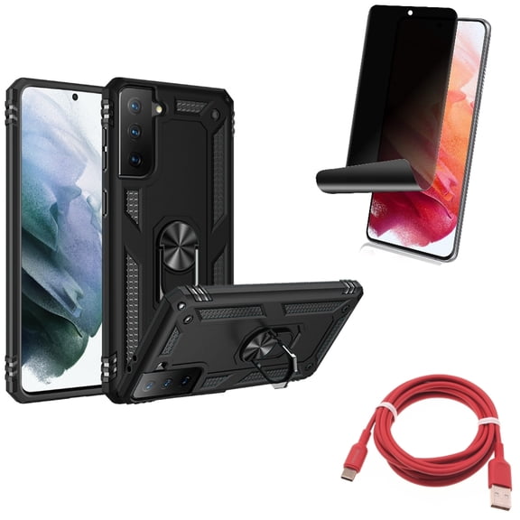 Hybrid Case Cover & 6ft USB-C Cable & Privacy Screen Protector for Samsung Galaxy S22 (6.1") - Metal Ring Kickstand & Red Charger Cord & TPU Film Fingerprint Works Accessory Bundle