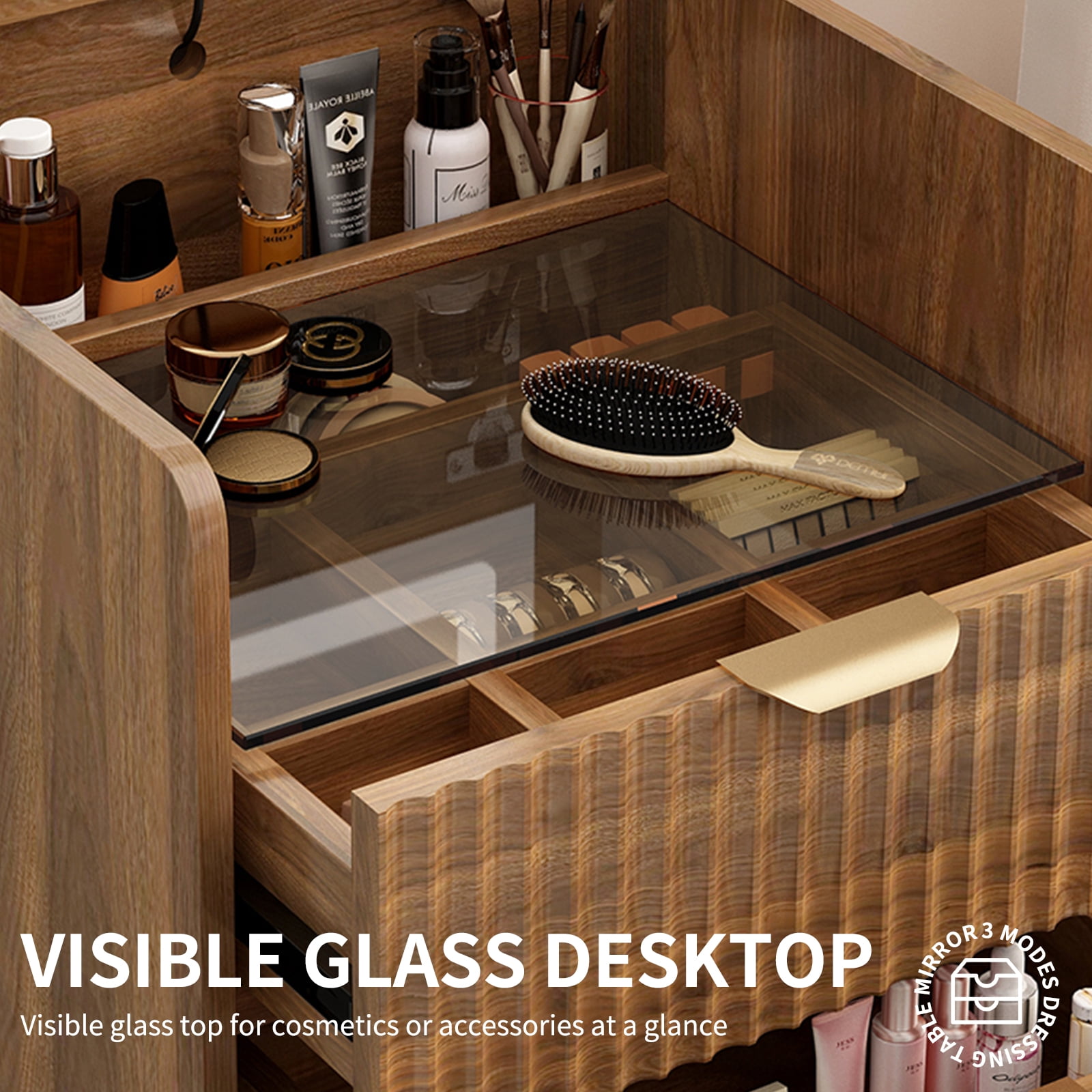 3 in 1 Vanity Desk with 3 Drawers and Rolling Stool, Compact Vanity with Flip Top Mirror and Lights, Modern Small Makeup Vanity Table