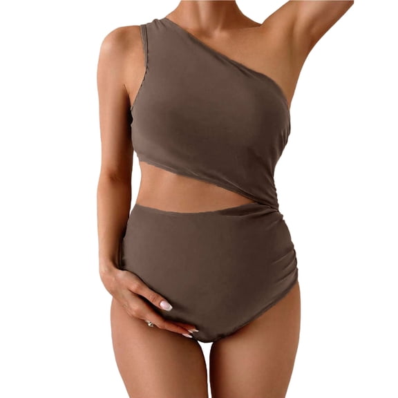 Virmaxy Maternity One Shoulder Cut Out Monokini Swimsuit Sexy Supportive One Piece Bathing Suit for Vacation Pool Party and Beach Getaway,S-XL