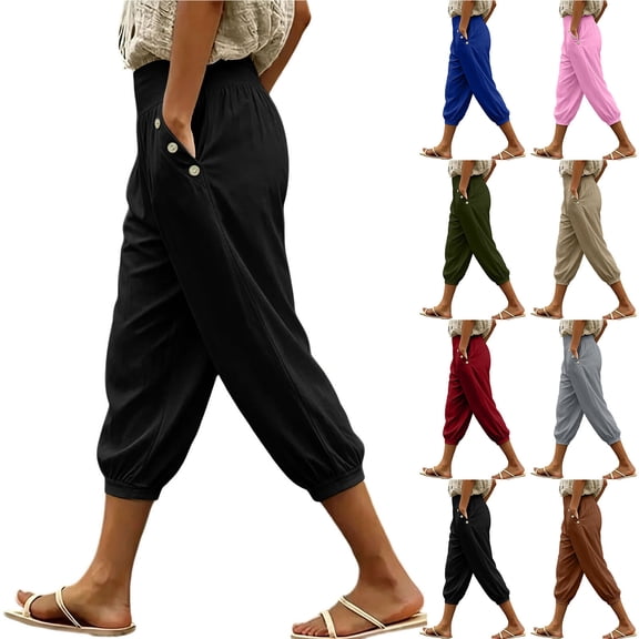 Horkkom Capris for Women with Pockets Solid Color Elastic Waist Pants Casual Loose Comfy Capri Pants L