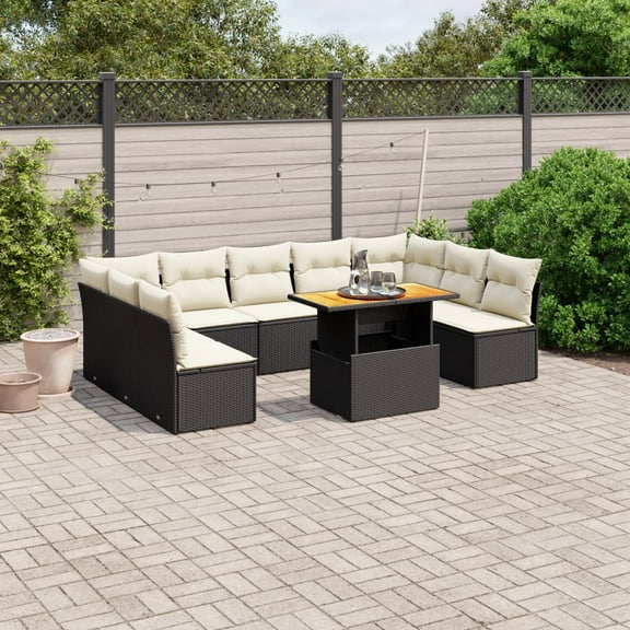 vidaXL Garden Sofa Set Black and Cream White PE Rattan 10-Piece Set