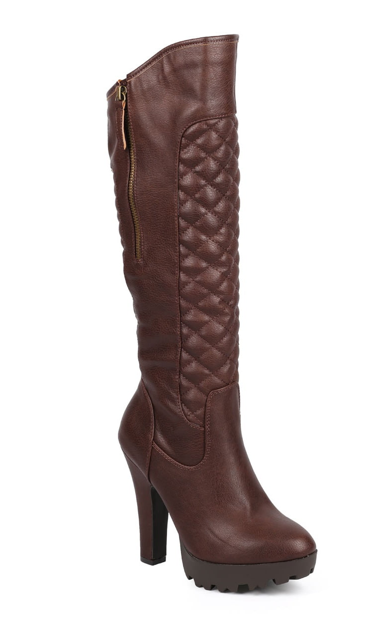 Wild Diva DB31 Women Quilted Knee High Platform Chunky Heel Riding Boot