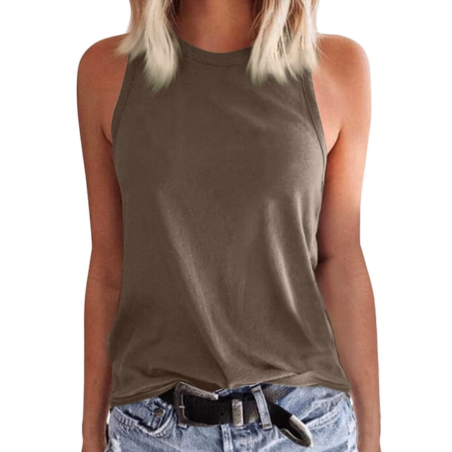 Ladies Solid Color Vest Sleeveless Summer T Shirt Round Neck Top