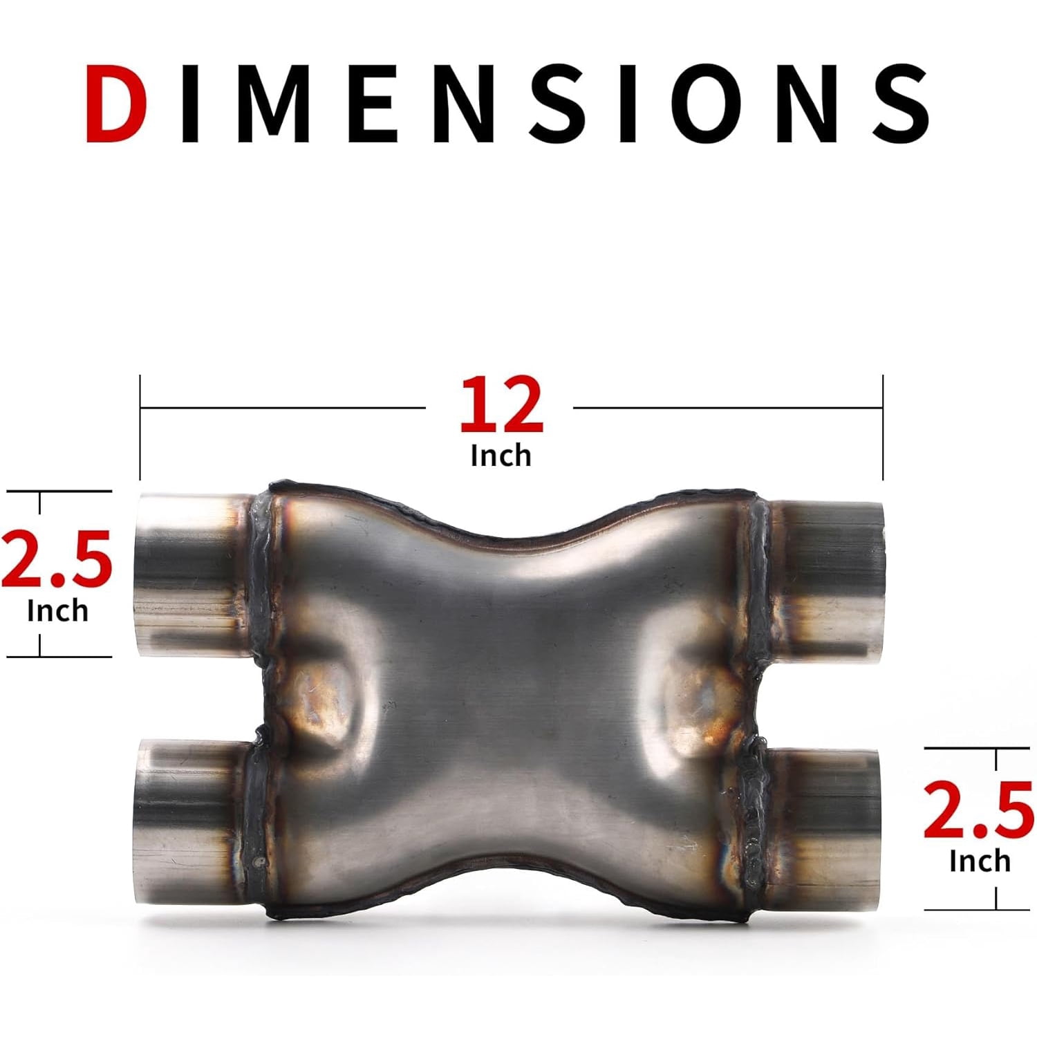 Richeer 2.5 Inch Exhaust X Pipe, 2.5" Inlet 2.5" Outlet 12" Overall Length Stainless Steel Universal Exhaust Pipe Dual 2 1/2 Inch Crossover X Pipe, Weld On
