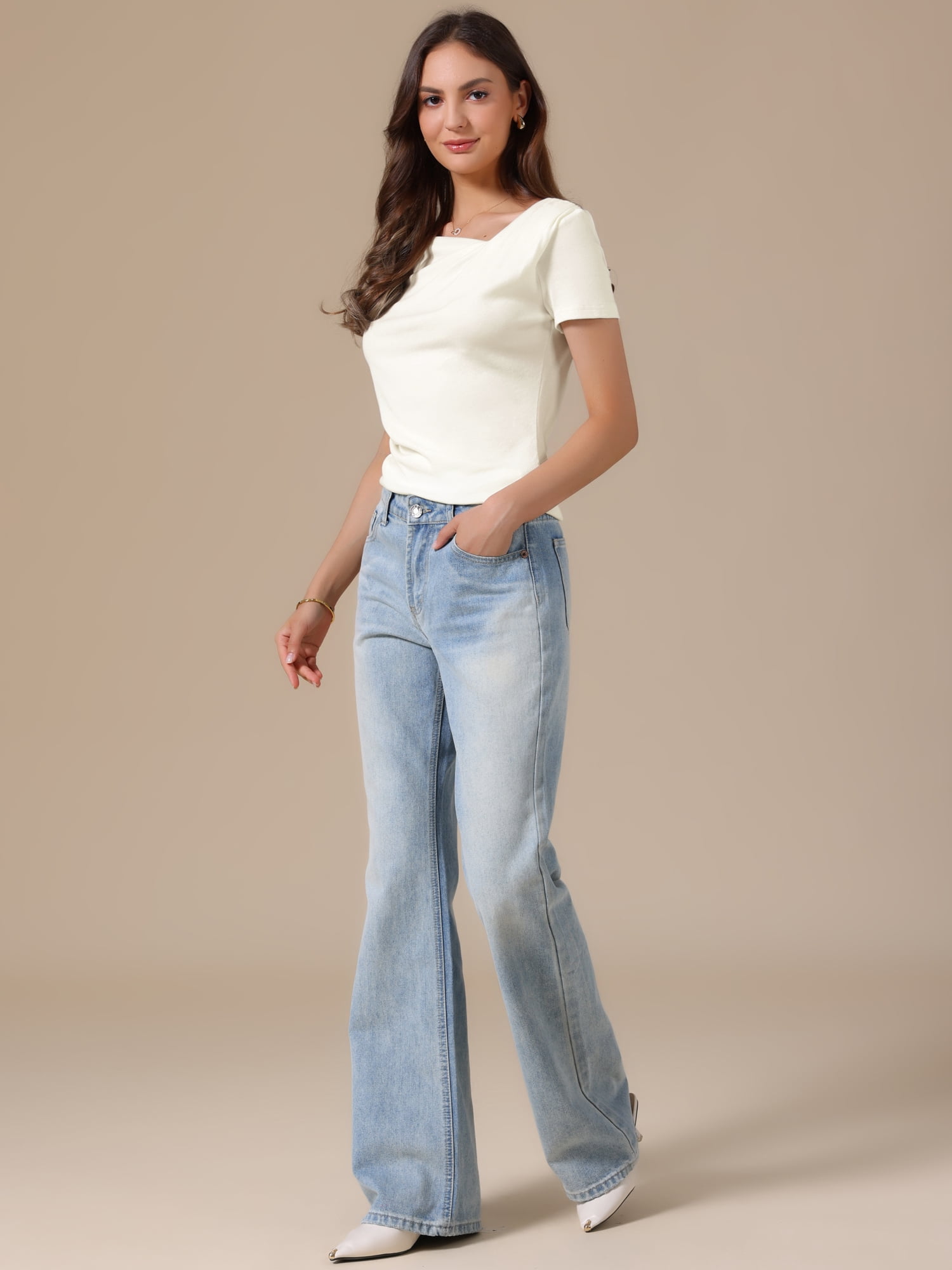 DARING DIVA Women's Short Sleeves Top Ruched Going Out Crop Slim Tee Blouse S White