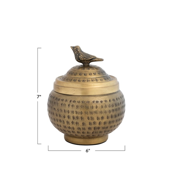Creative Co-Op Hammered Aluminum Sphere Lid And Bird, Antique Brass Finish Container