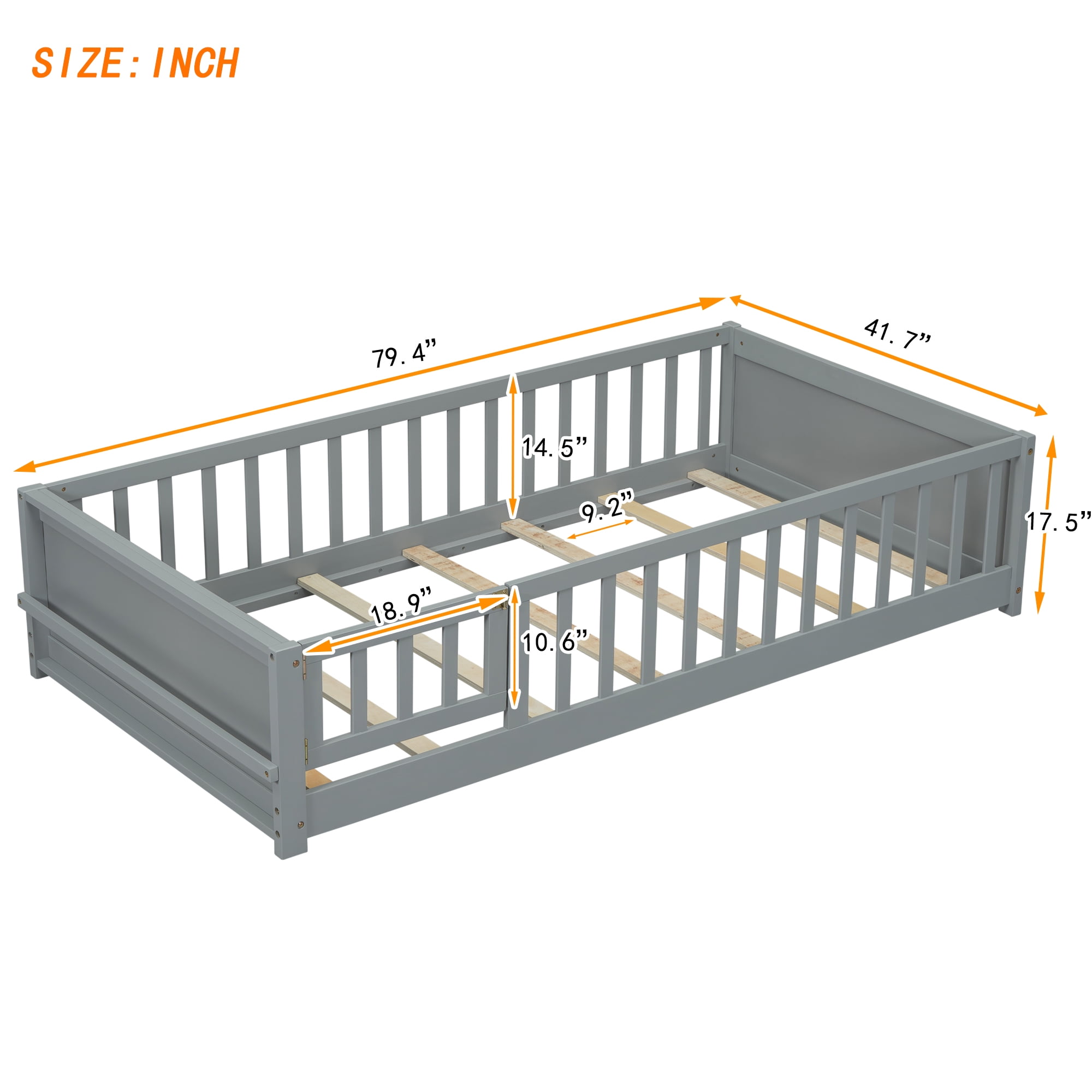 Miniyam Floor Bed, Twin Size Platform Bed Frame with Built-in Book Storage Rack, Door, Gray