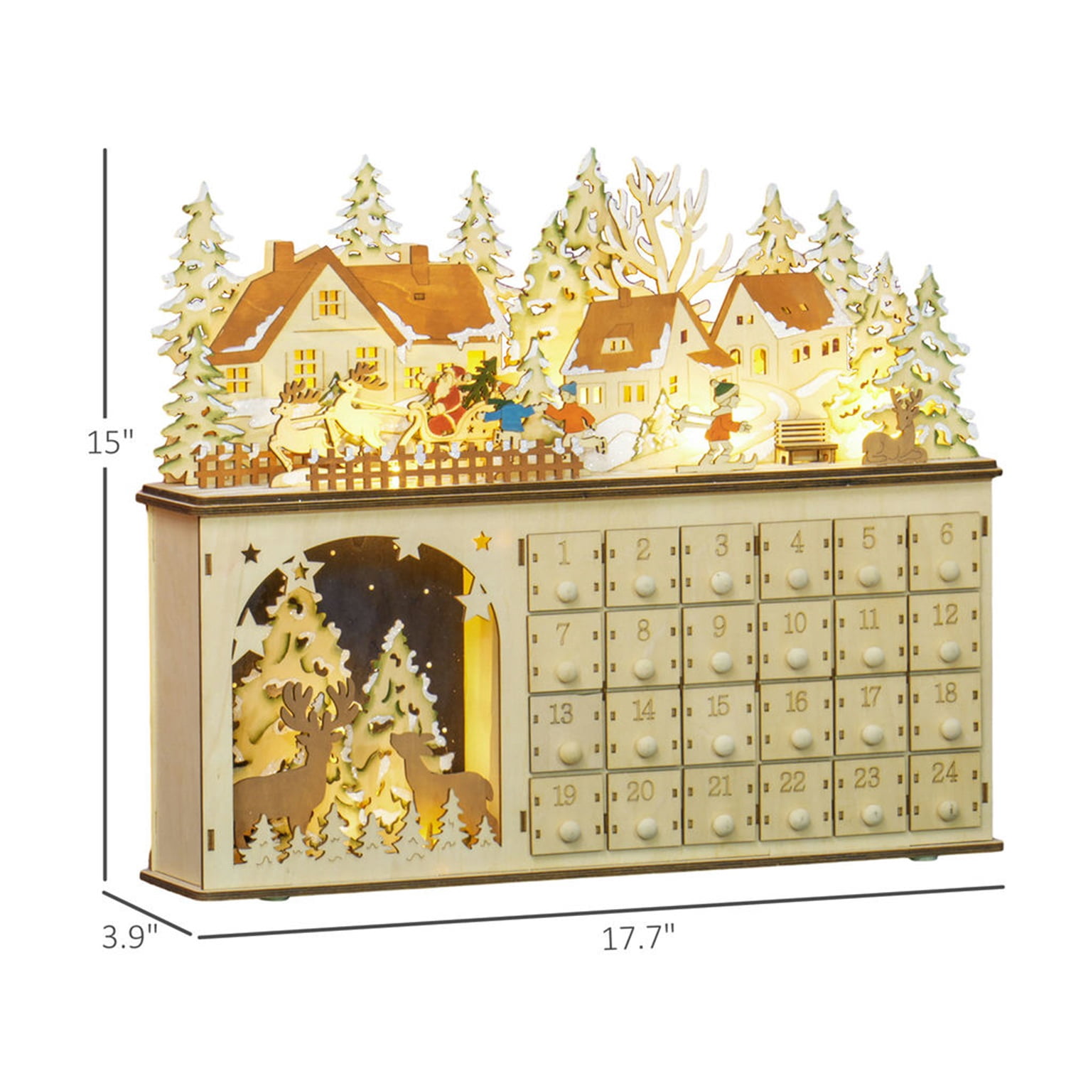 Hommoo Decorations,Christmas Advent Calendar, Light Up Wooden Countdown Calendar with 24 Drawers and LED Lights for Kids and Adults, Battery Operated, Natural