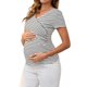 thumbnail image 4 of INSPIRAR CHIC Blusa de Maternidad para Mujeres con Fruncido, Cuello en V Cruzado, Estilo Faux Wrap, Manga Corta, T-Shirt Pequeño Negro y Rayas, 4 of 6