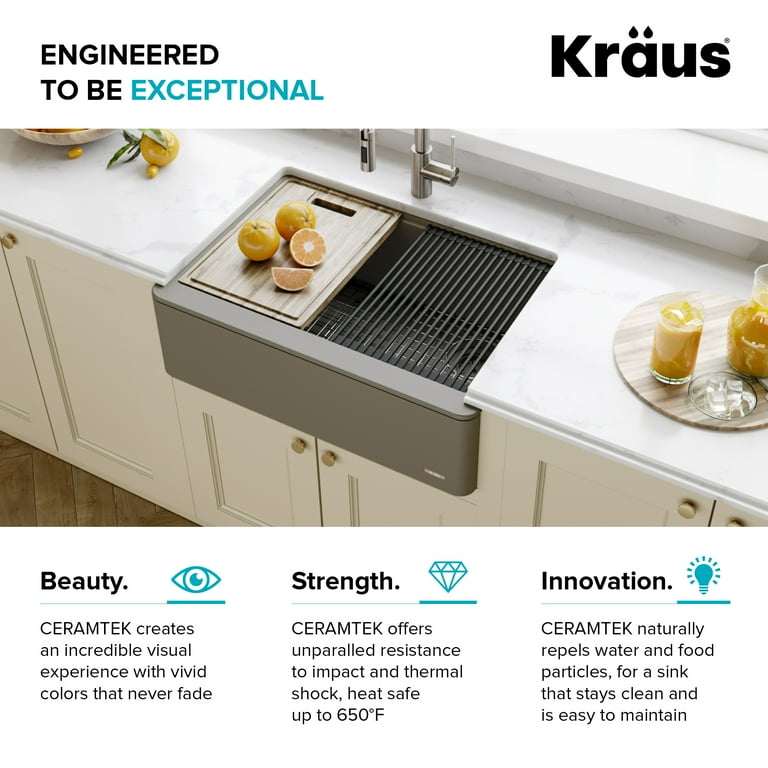 Bellucci 33in. CeramTek Granite/Quartz Composite Farmhouse ApronFront Single Bowl Kitchen Sink w/ Cutting Board in White Bellucci 33in. CeramTek Granite/Quartz Composite Farmhouse ApronFront Single Bowl Kitchen Sink w/ Cutting Board in White