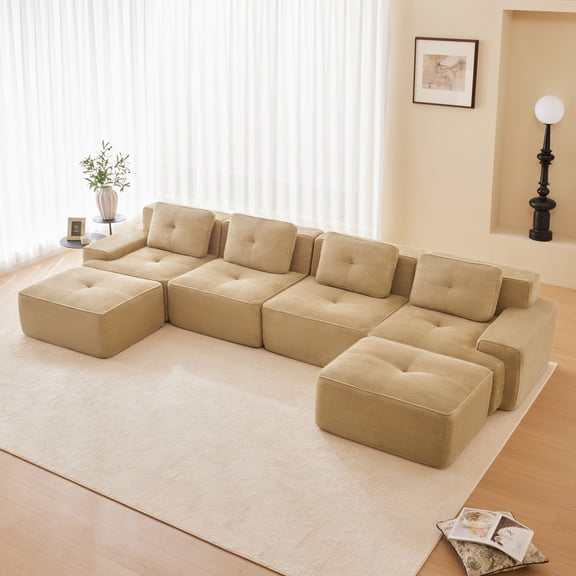153" Modern U-Shaped Modular Sectional Sofa, 4-Seater Couch with Deep Seat and 2 Movable Ottomans, Corduroy Sectional Sofa for Living Room, No Assembly, Camel