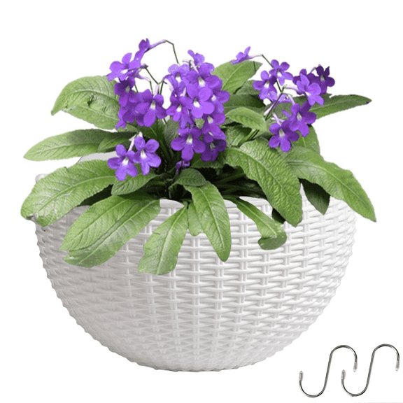 Yahome 1 Pcs Semicircle Wall Hanging Flower Pot Imitation Rattan Flowers Planter Plastic Plant Baskets Wall-Mounted Planter with Drainage for Indoor Outdoor Garden Balcony (White)