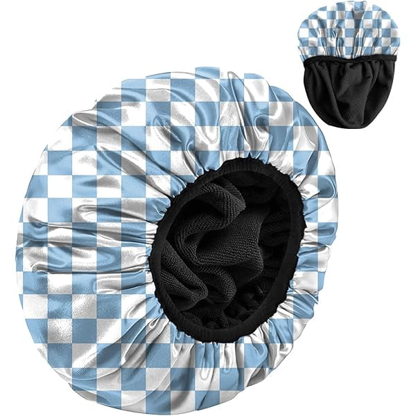 wonima11 Luxury Shower Cap Terry Cloth Lined EVA Waterproof Reusable Triple Layer Elastic Hair Bath Caps for Women Girls Cute-Blue Checkered