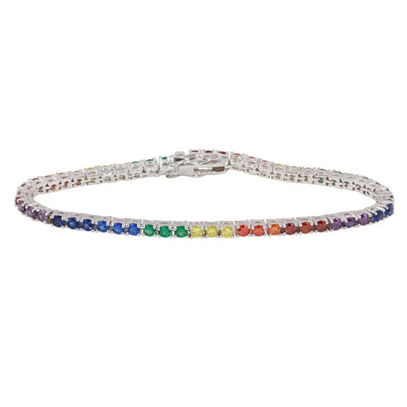 Multicolor Round Cubic Zirconia Rainbow Tennis Bracelet Rhodium Plated Sterling Silver