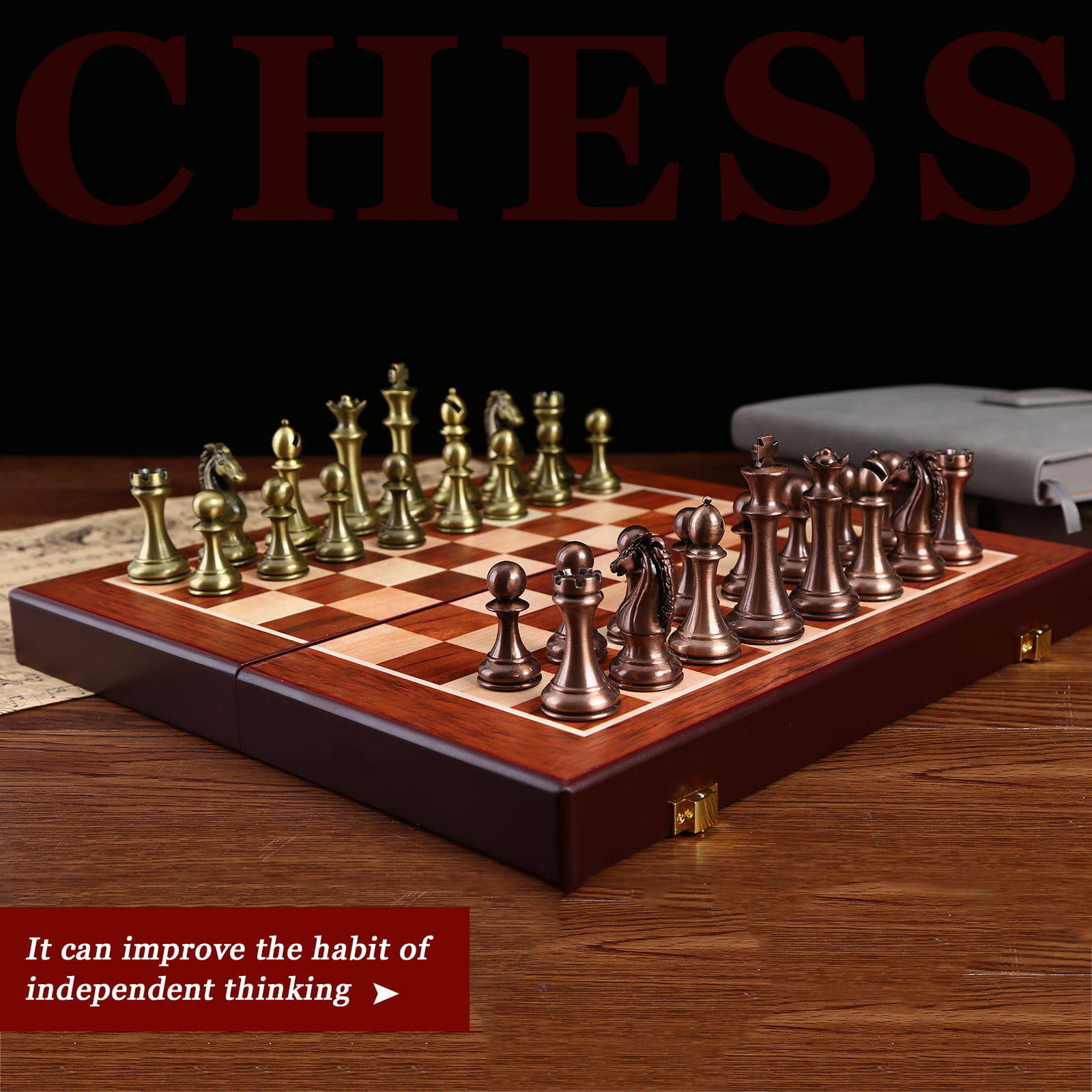 International Chess Set Wooden Chess Board Metal Pieces Kit for Kids Adult 