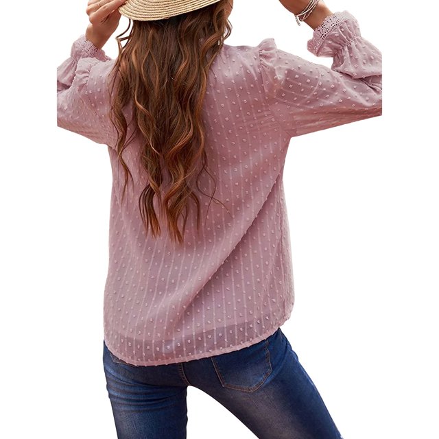 Sonducket Camiseta de mujer Blusa casual de manga larga con cuello en V de encaje de color sólido Prendas para la parte del cuerpo Rosa XXL