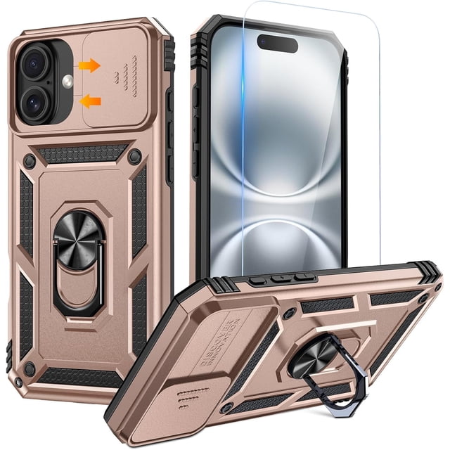 KOMI Compatible for iPhone 16e Case with Screen Protector - Slide Camera Cover Protective Phone Case with Ring Stand, Heavy Duty Shockproof Rugged Bumper for iPhone 16e Accessories