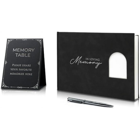 In Loving Memory Embossed Guest Book with Arched Photo Slot - Charcoal Black Leatherette PU Guestbook for Funeral Memorial
