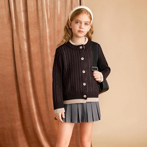 GiLiling Kids Cable Knit Cardigan - Girls Button Front Crewneck Long Sleeve Chunky Warm Sweater Winter Outerwear Top (Coffee, 6-7 Years)