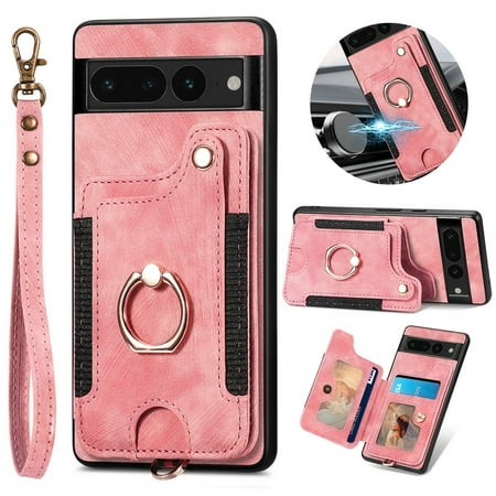 Jiahe Cover for Google Pixel 6, Luxury Wallet Case with Credit Card Slots，Flip Leather with Wrist Strap Shockproof Magnetic Ring Holder Stand with FEID Blocking Protective Case Cover, pink