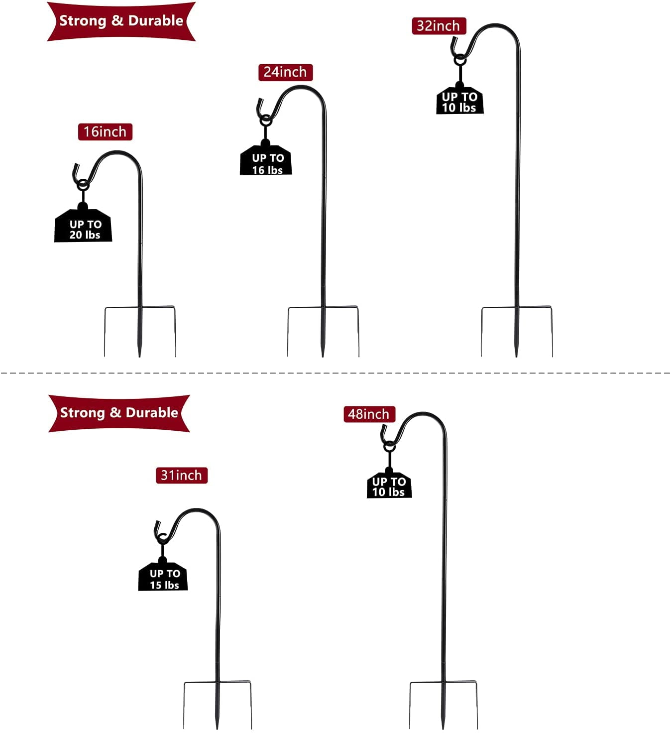 Shepherd Hook Adjustable Height 32/24/16’’ 1/2 inch Thick Use at Weddings, Hanging Solar Lights, Lanterns, Bird Feeders, Metal Hanger Hook (Black,32inch). U.S. Patent.
