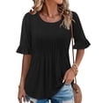 thumbnail image 2 of Camisas de Cuello de Tripulación de Manga Corta para las Mujeres Plisado Mangas de Ruffle, Cuello Redondo Casual Primavera Y Blusa de Verano, 2 of 6