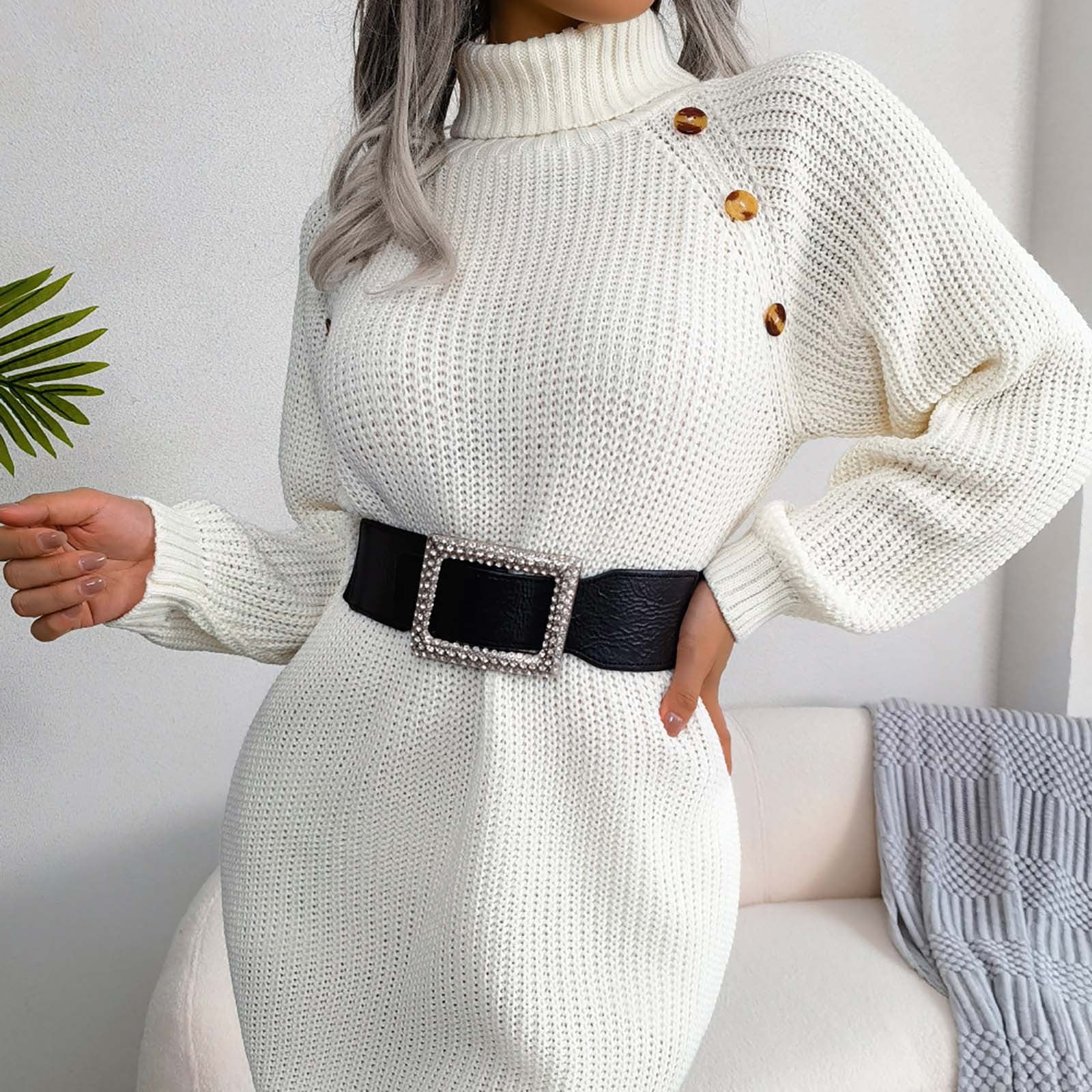 Robe Pull Tricotée Col Roulé - Couleur Blanc Perle, Manches Longues, Coupe Moulante, Neuve étiquetée