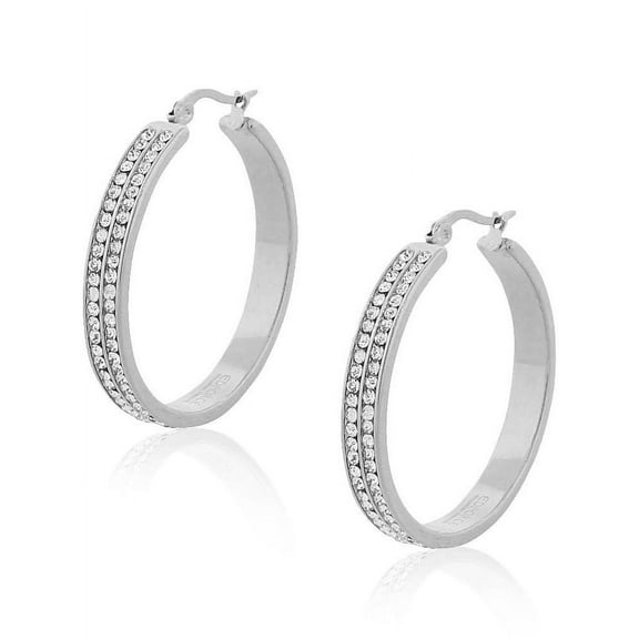 EDFORCE Stainless Steel White Clear CZ Classic Hoop Earrings, 1.20" Diameter
