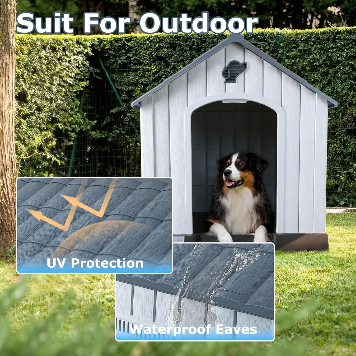 LEHOME Durable Waterproof Plastic Dog House for Small to Medium Sized Dogs, Indoor Outdoor Doghouse with Air Vents and Elevated Floor, Easy to Assemble (Gray, 33.5" L x 31.5" W x 33.9" H)