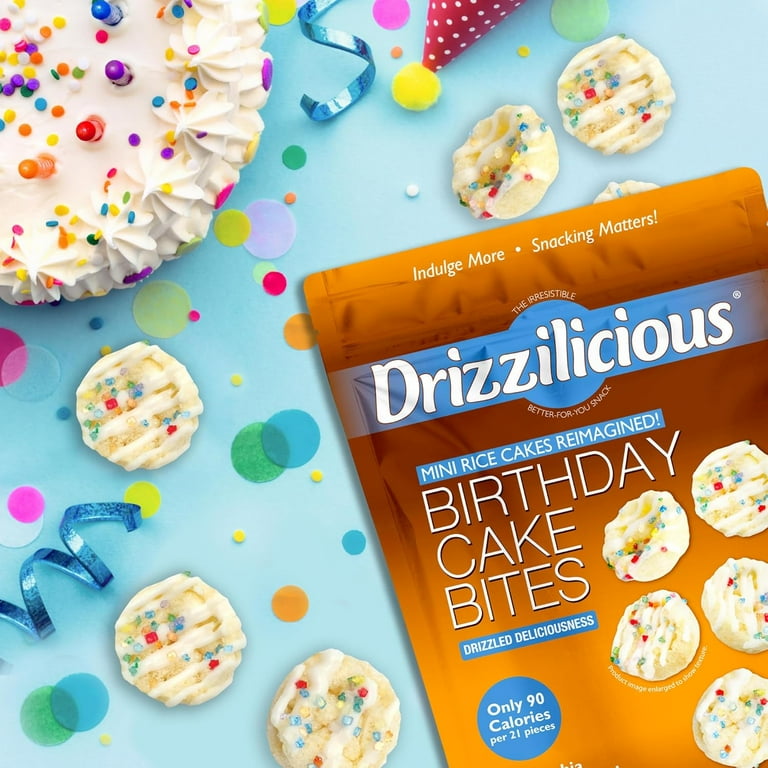 Drizzilicious Birthday Cake 4oz 2 Pack Bites | Mini Snack Chocolatey Rice Cakes
