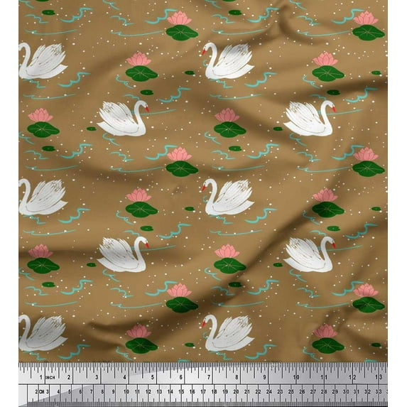 Soimoi Brown Cotton Duck Fabric Leaves,Lotus & Swan Bird Print Fabric by the Yard 42 Inch Wide