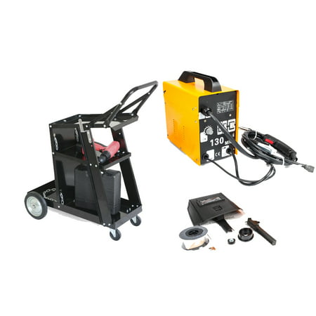 UBesGoo Mig-130 Welding Machine & Trolley Cart Combo, AC 110V Flux Core Automatic Feeding Wire Gas Less Commercial Welder with Free Mask, Variable Feed Speed (Best 110v Mig Welder)