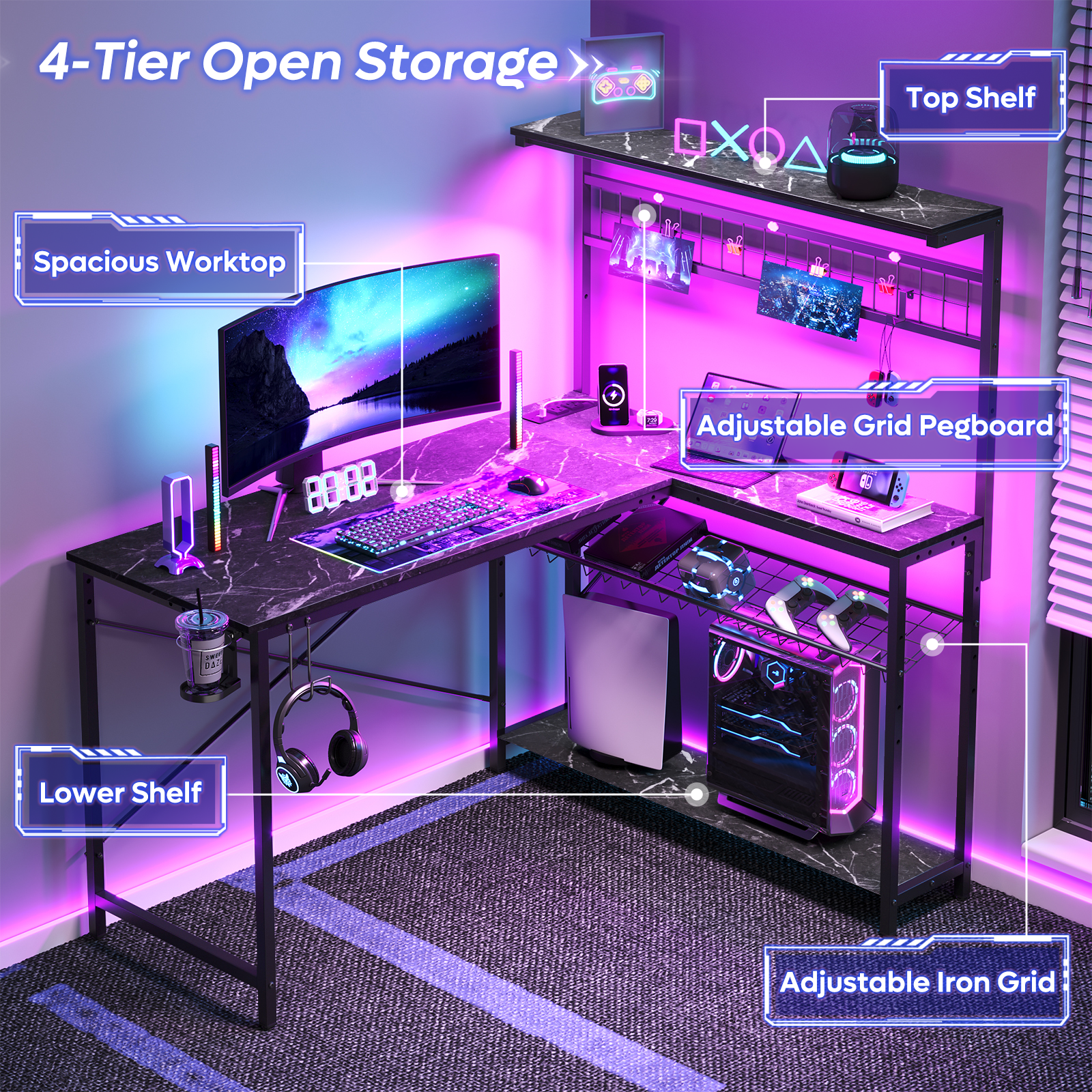 Bestier 51 L Shaped Gaming Desk with Power Outlets, LED Workstation with 4 Tiers Shelves for Home Office, Gamer Reversible Table with Hooks and Cup Holder, Black Marble