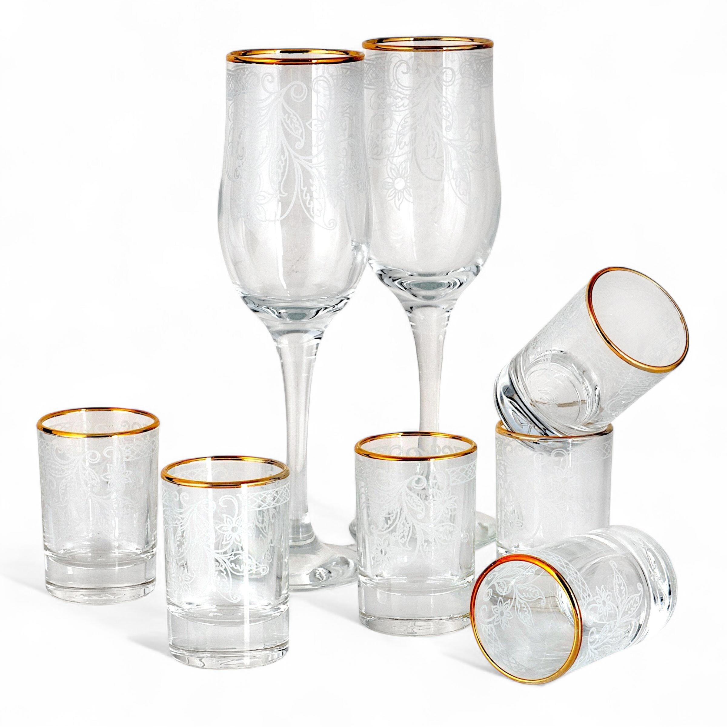 STP GOODS Acacia Wine Glass Set of 6 pcs 6.8 fl oz (200 ml) Floral Bar Glasses for Red and White Wine Glass Wine Goblets with Stem Champagne Flutes with Golden Rim, Bohemian Style, Clear