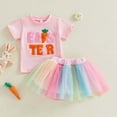 thumbnail image 2 of Kaprioy My First Easter Baby Girl Outfit Girls Clothes Easter Letter Embroidery Short Sleeve Ruffle Shirt T-Shirt Tops Mesh Tulle Tutu Skirt Set, 2 of 8