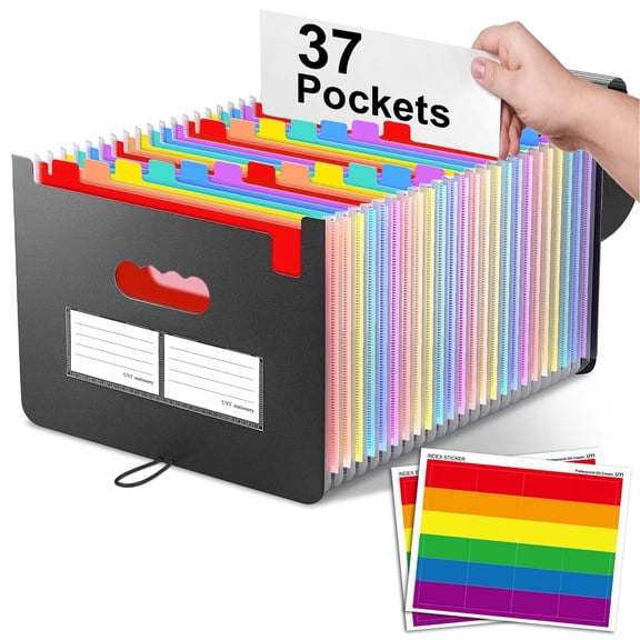 AGCAN 37 Pockets Expanding File Folder, According File Organizer with Expandable Cover, Desktop Accordion Folders Letter A4 Paper Document Storage Organizer, Black