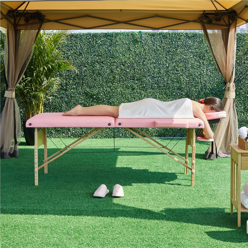 Alden Design 2-Fold Portable Wooden Massage Table for Spa Treatments & Tattoos, 84", Pink