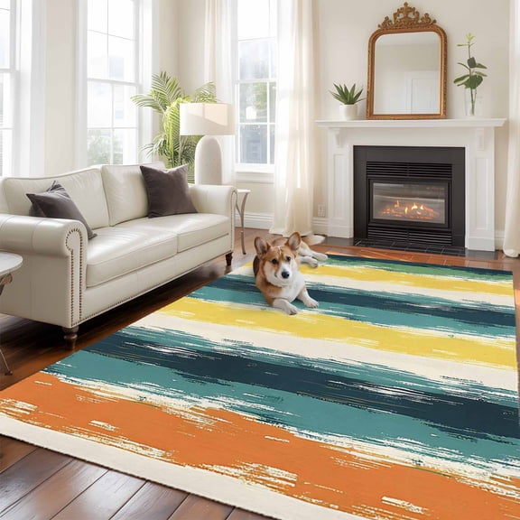 6'x9' Area Rugs, Turquoise Yellow Stripe Indoor Outdoor Area Rug for Living Room Bedroom, Abstract Orange Teal Green Washable Bathroom Rugs Kitchen Floor Carpet Mats Home Decor Aesthetic