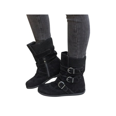 

Frontwalk Ladies Winter Boot Woolen Yarn Mid-Calf Boots Side Zipper Casual Shoes Work Non-slip Women Strap Buckle Black 4.5